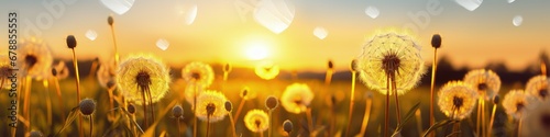 close-up macro dandelion flowers on meadow in nature in summer at sunset sunrise. Ultra wide banner format. photo