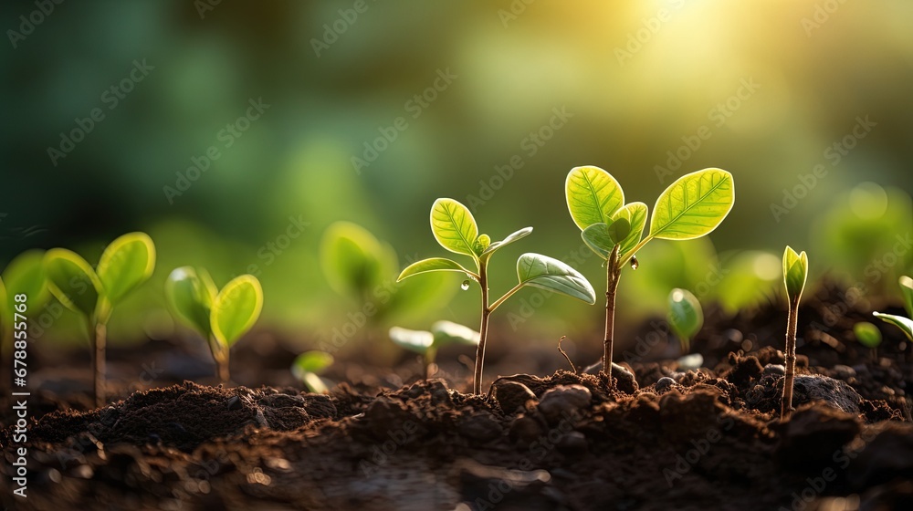 photo of a young green tree plant sprout growing up from soil, sunshine light. Growth new life concept. photo of a young green tree plant sprout growing up from soil, sunshine light. Growth new life concept.