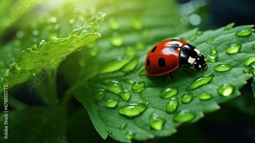 Photo of Beautiful water drops sparkle and ladybug in sun on leaf in sunlight, macro. Big droplet of morning dew outdoor.