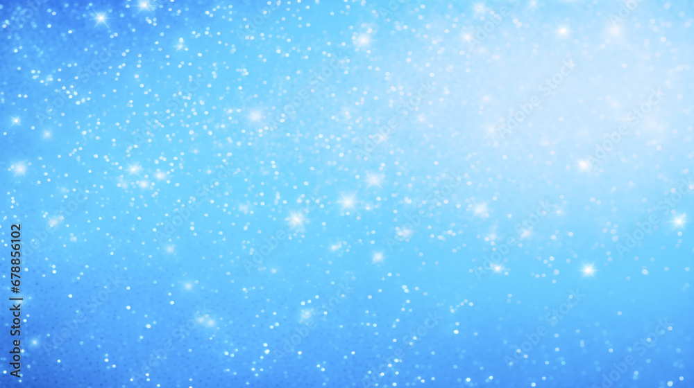 Abstract, blue winter background with white glowing dots scattered throughout the image and bokeh effect. Dreamy and ethereal feel.