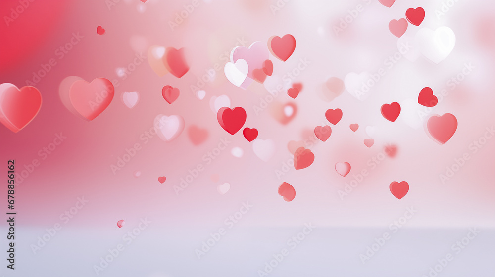 St. Valentine's day background - a collection of red and pink hearts of varying sizes and shades, floating on a gradient pink and white background. Dreamy and romantic feel.