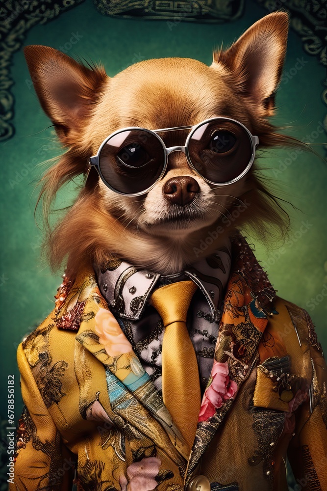 Dog chihuahua dressed in an elegant modern suit with a nice tie, wearing sunglasses and a cap. Fashion portrait of an anthropomorphic animal posing with a charismatic human attitude