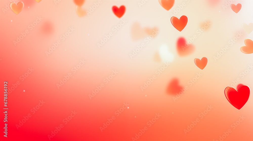 St. Valentine's day background - a collection of red and pink hearts of varying sizes and shades, floating on a gradient orange and red background. Dreamy and romantic feel.