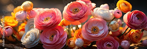A colorful array of ranunculus blossoms. Panoramic Vibrant Ranunculus Flowers Wallpaper Background.