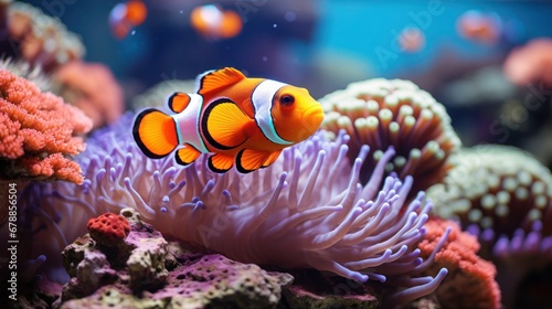 Lone clownfish surrounded by anemone tentacles in vibrant, colorful reef habit.