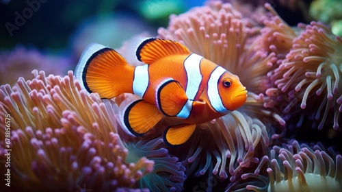 Colorful anemonefish or clownfish dancing with tentacled anemones in coral reef aquarium.