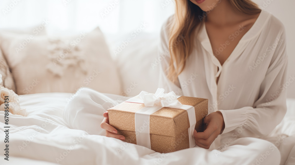 A joyful woman sitting on a bed, laughing with excitement as she holds a Christmas gift with a ribbon A joyful woman sitting on a bed, laughing with excitement as she holds a Christmas gift with a ribbon