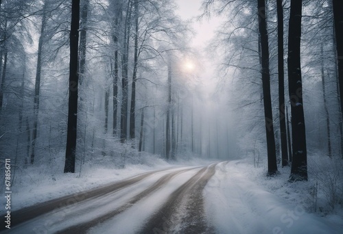 Foggy and Snowy Mystical Winter Road in the Forest