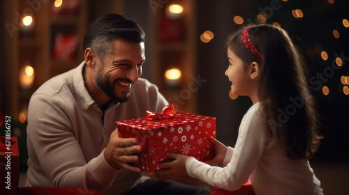 A father and daughter are sharing a joyful moment as they hold a festively wrapped Christmas gift