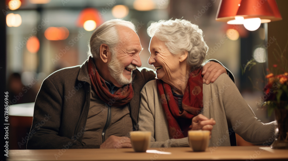 An elderly couple joyfully connects over coffee in a cozy cafe, their bond evident in their loving glances and warm smiles.