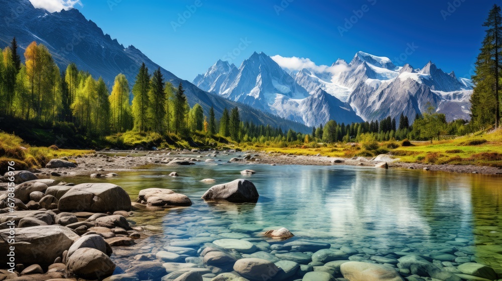 Panoramic photo of Colorful summer panorama of river with Mountain background - obrazy, fototapety, plakaty 