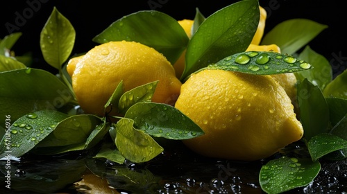 Scenic view of whole and halved lemon slices adorned with green leaves.. photo