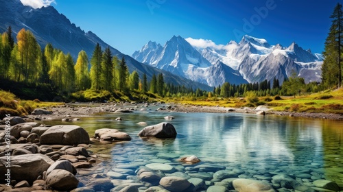 Panoramic photo of Colorful summer panorama of river with Mountain background photo
