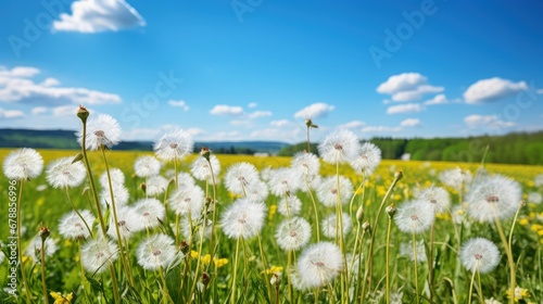 photo of Green field with white dandelions on green lawn with bright blue sky and cloud outdoors view in nature in spring
