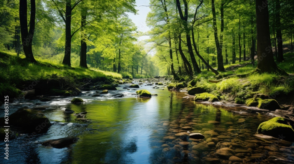 photo of river in the spring forest. daylight