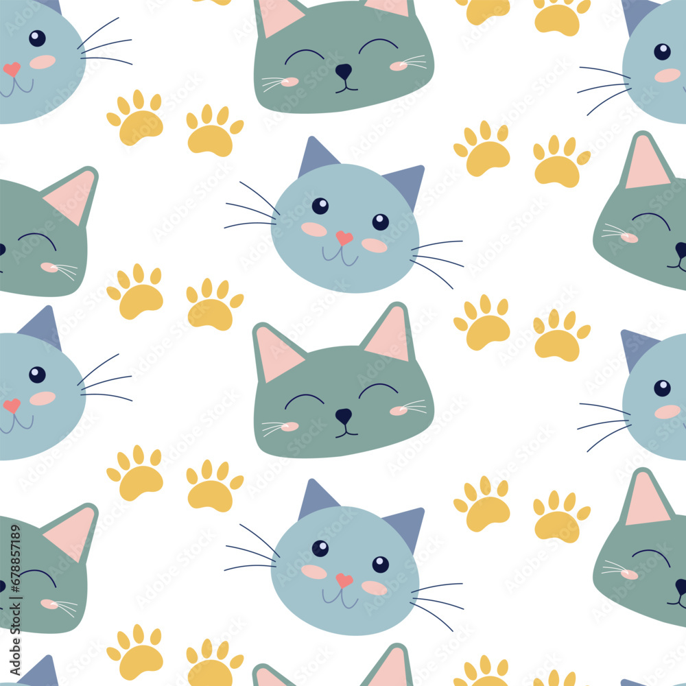 Blue cat face seamless pattern with paw print. Background for kids. Pet, animal.	