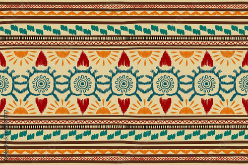 Ethnic Mayan Aztec  pattern  flower Ikat embroidery seamless border.Aztec tribal Ethnic pattern seamless background African Ikat Mexican style.Hand drawn Vector illustration.