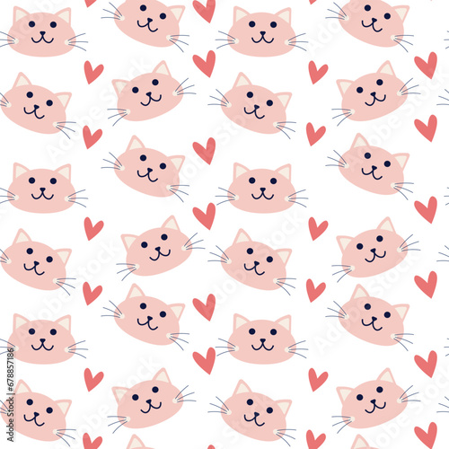 Fototapeta Naklejka Na Ścianę i Meble -  Pink cat face seamless pattern with hearts. Background for kids. Pet, animal. 