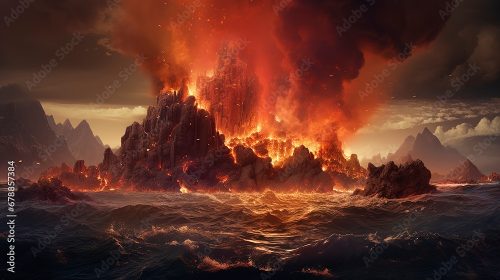 Underwater volcano eruption, fantasy landscape. AI Generation