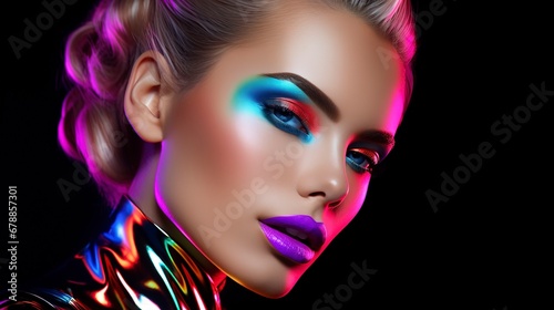 Portrait of a beautiful girl neon light  bright makeup. AI Generation