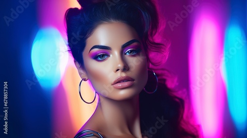 Portrait of a beautiful girl neon light, bright makeup. AI Generation