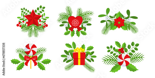 Christmas wreath design element set. Spruce evergreen branch