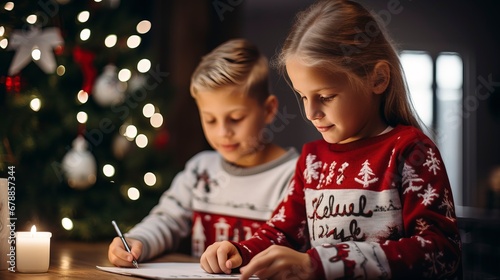 Children dressed as Santa Claus write a letter against a background of blurred bokeh. AI Generation