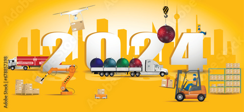 The concept of delivering New Year s cargo in the New Year 2024. Warehouse, logistics, delivery. Vector.