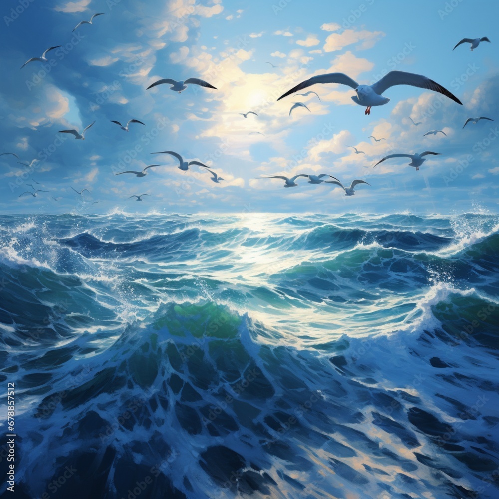 Fototapeta premium Flock of seagulls flying over the ocean high spe Ai generated Attractive art