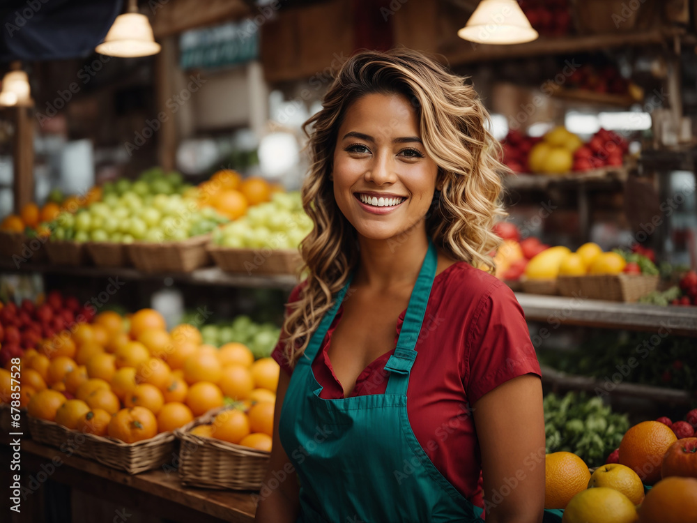 Portrait of a female greengrocer smiling in a fruit and vegetables shop. AI generated