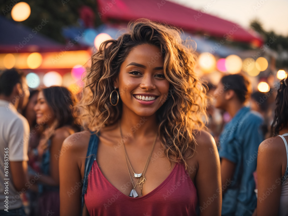 Portrait of mixed race woman smiling at an outdoor festival or party. AI generated