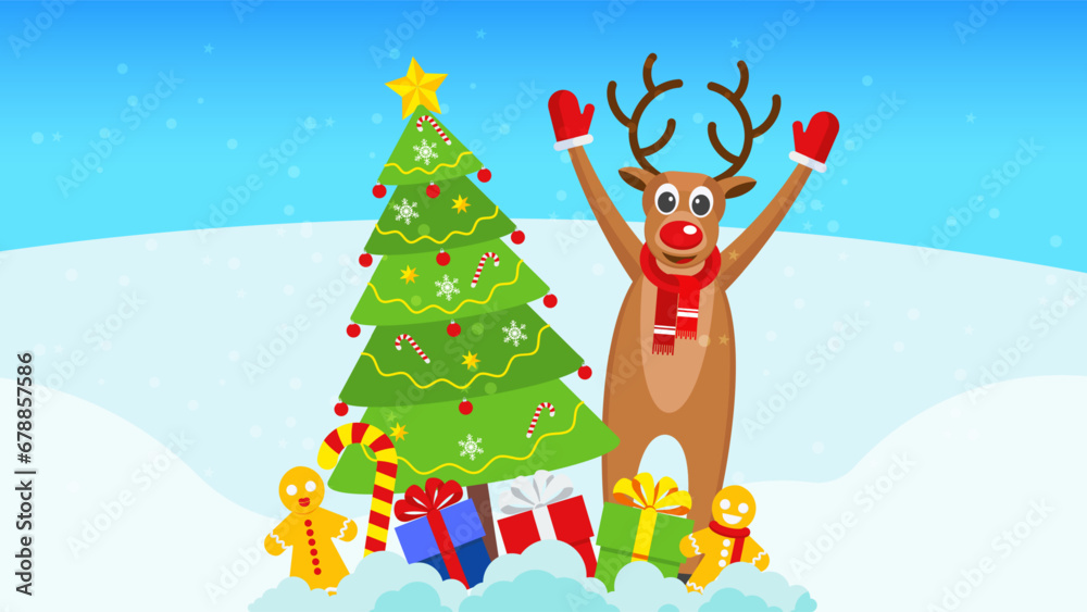 Cute Santa Claus Deer, gingerbread man and xmas tree.