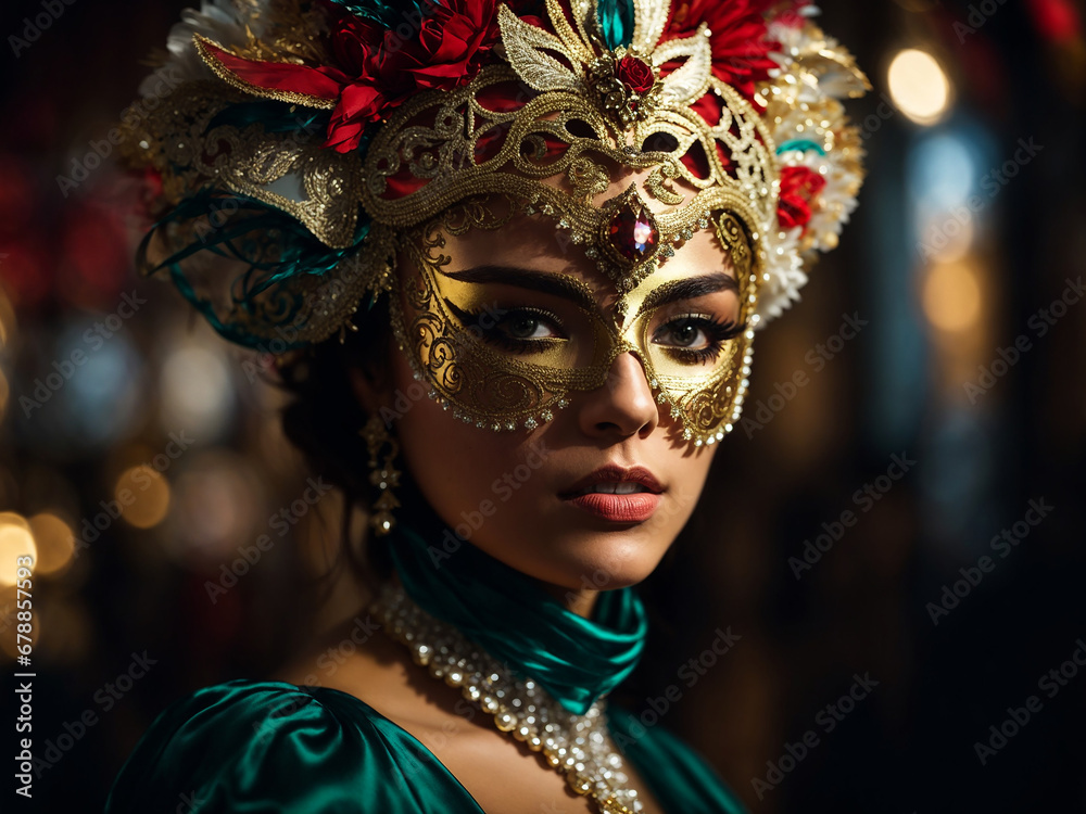 A captivating portrait of a woman looking mysteriously adorned with a Venetian carnival mask and costume, exuding the charm and allure of the festive atmosphere. AI generated A captivating portrait of a woman looking mysteriously adorned with a Venetian carnival mask and costume, exuding the charm and allure of the festive atmosphere. AI generated