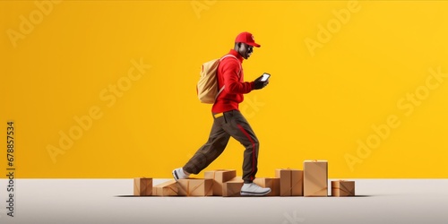 The Digitized Delight of a Courier Emerging with Joy from the Smartphone Screen