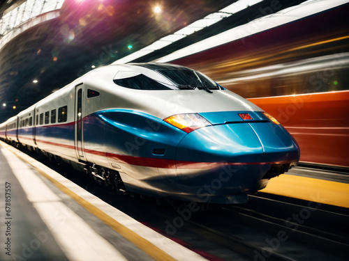 High speed train stopped on a station platform while another train passes by at full speed with motion effect. AI generated photo