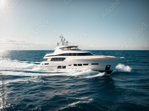 A modern motor white yacht cruising on the open sea under a clear sky. AI generated © Q