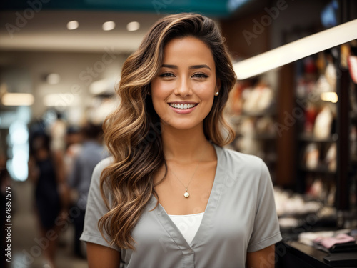 Portrait of a brunette smiling saleswoman in a fashion or accessories store. AI generated