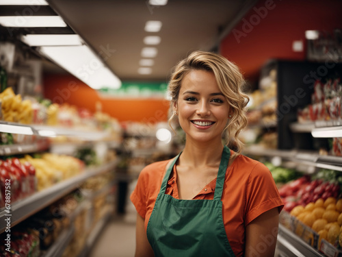 Portrait of female supermarket clerk looking smiling in her store. AI generated photo