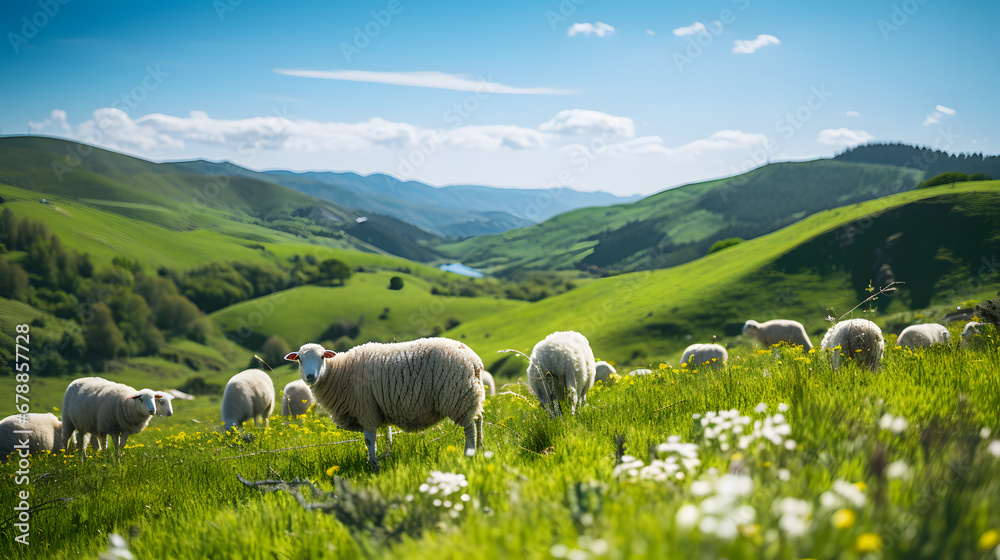 Fototapeta premium A flock of sheep grazing, with verdant hills as the background, during a warm spring afternoon