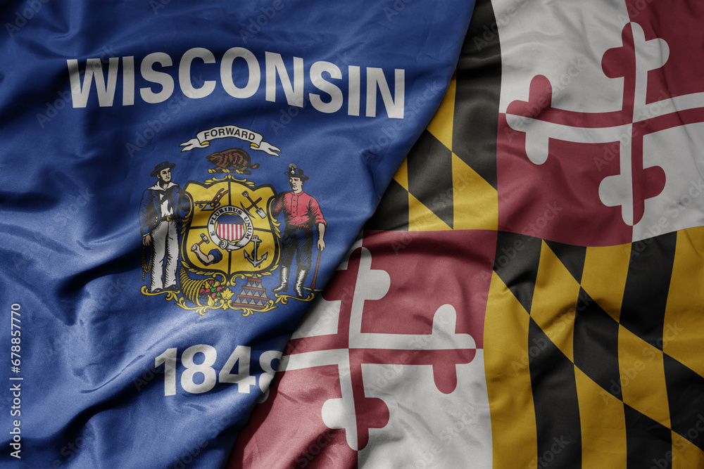 Fototapeta premium big waving colorful national flag of maryland state and flag of wisconsin state .