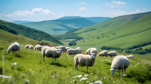 A flock of sheep grazing, with verdant hills as the background, during a warm spring afternoon