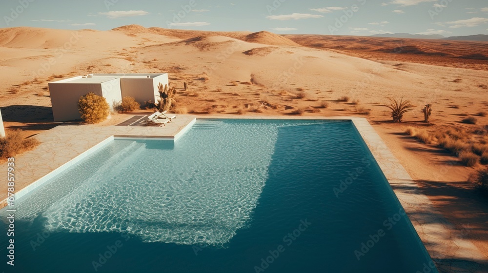 Swimming pool in a desert landscape. AI Generation - obrazy, fototapety, plakaty 