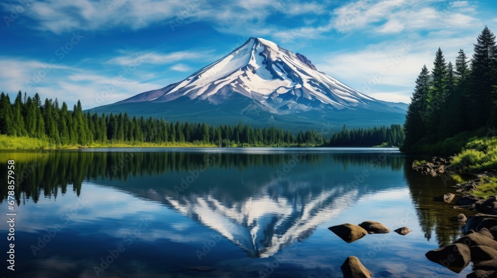 Panorama photo of mountain in morning light reflected in calm waters of lake.