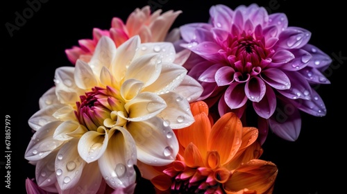 Colorful dahlia flowers on black background. Top view. Springtime Concept. Mothers Day Concept with a Copy Space. Valentine's Day. © John Martin