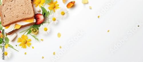 The background of the design is a white isolated plate with a healthy yellow sandwich made with whole wheat bread and nutritious ingredients a perfect breakfast meal or snack option with da