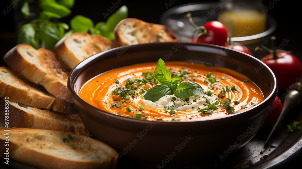 a bowl of creamy tomato soup with a drizzle of olive oil,