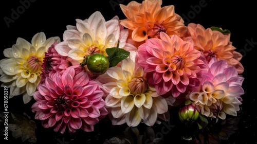 Colorful dahlia flowers with water drops on black background. Springtime Concept. Mothers Day Concept with a Copy Space. Valentine s Day.