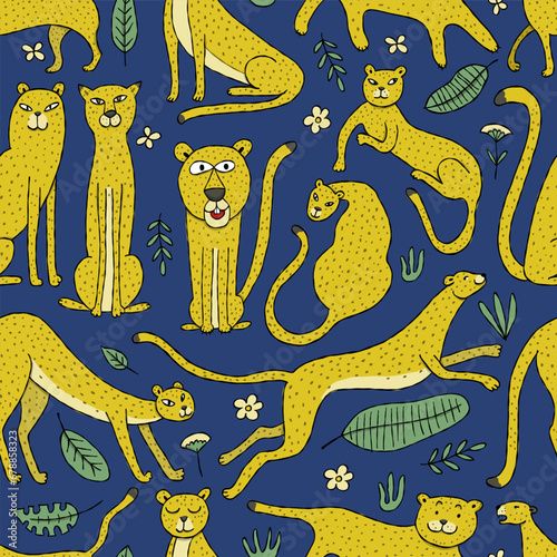 Cute yellow leopards family, seamless pattern background on dark blue