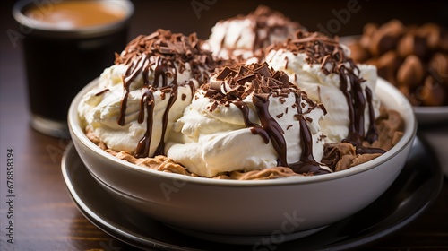 a bowl of creamy chocolate pudding with a swirl of whipped cream,
