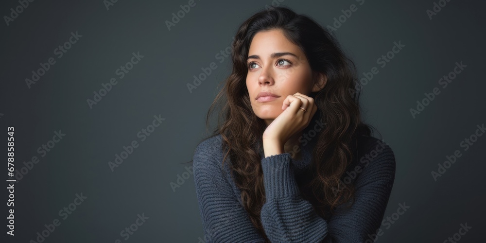 Fototapeta premium Portrait of a thoughtful woman props her head up and considers